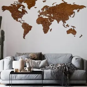 Oferta limitowana Drewniana mapa świata Premium z rzekami i miastami, kolor Orzech