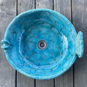 Sprawdź teraz UM58 Duża turkusowa ceramiczna umywalka ryba, okrągła.