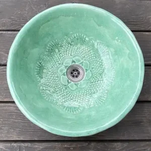 Kup online UM8 Umywalka ceramiczna, miętowa, okrągła,folkowa koronka na dnie