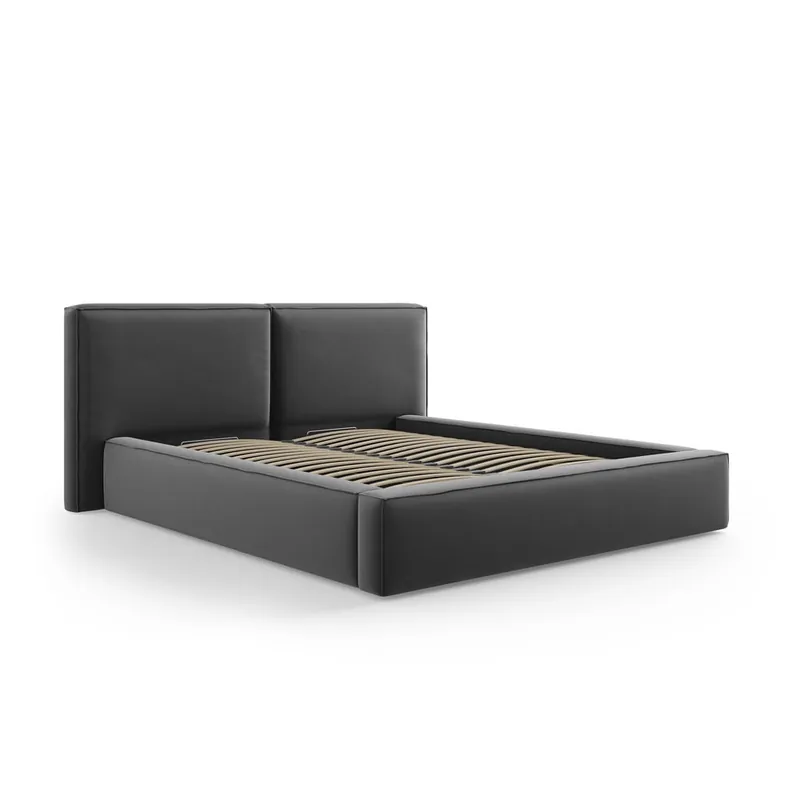 Dostępne od ręki Ciemnoszare aksamitne tapicerowane łóżko dwuosobowe ze schowkiem i stelażem 200x200 cm Arendal – Cosmopolitan Design Bonami