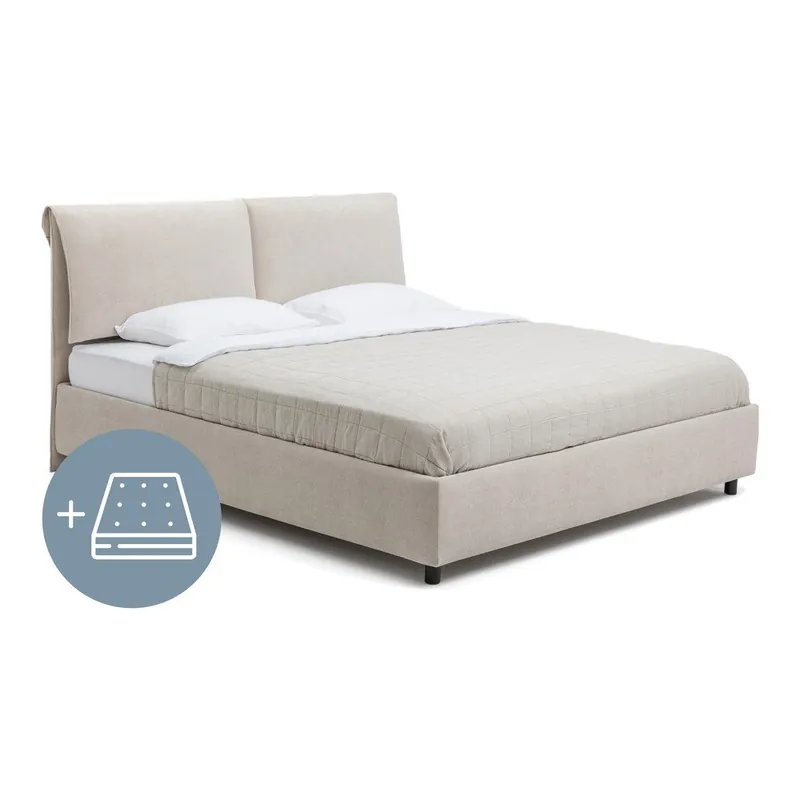 Beżowe tapicerowane łóżko dwuosobowe ze schowkiem z materacem i stelażem 180x200 cm Myra Pillow – Bonami Selection Bonami Nie przegap